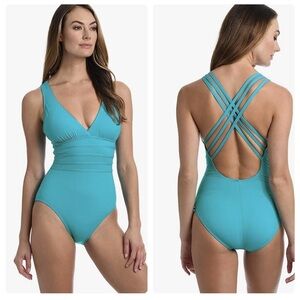 NWT La Blanca Island Goddess Blue Strappy One Piece Swimsuit Size 12